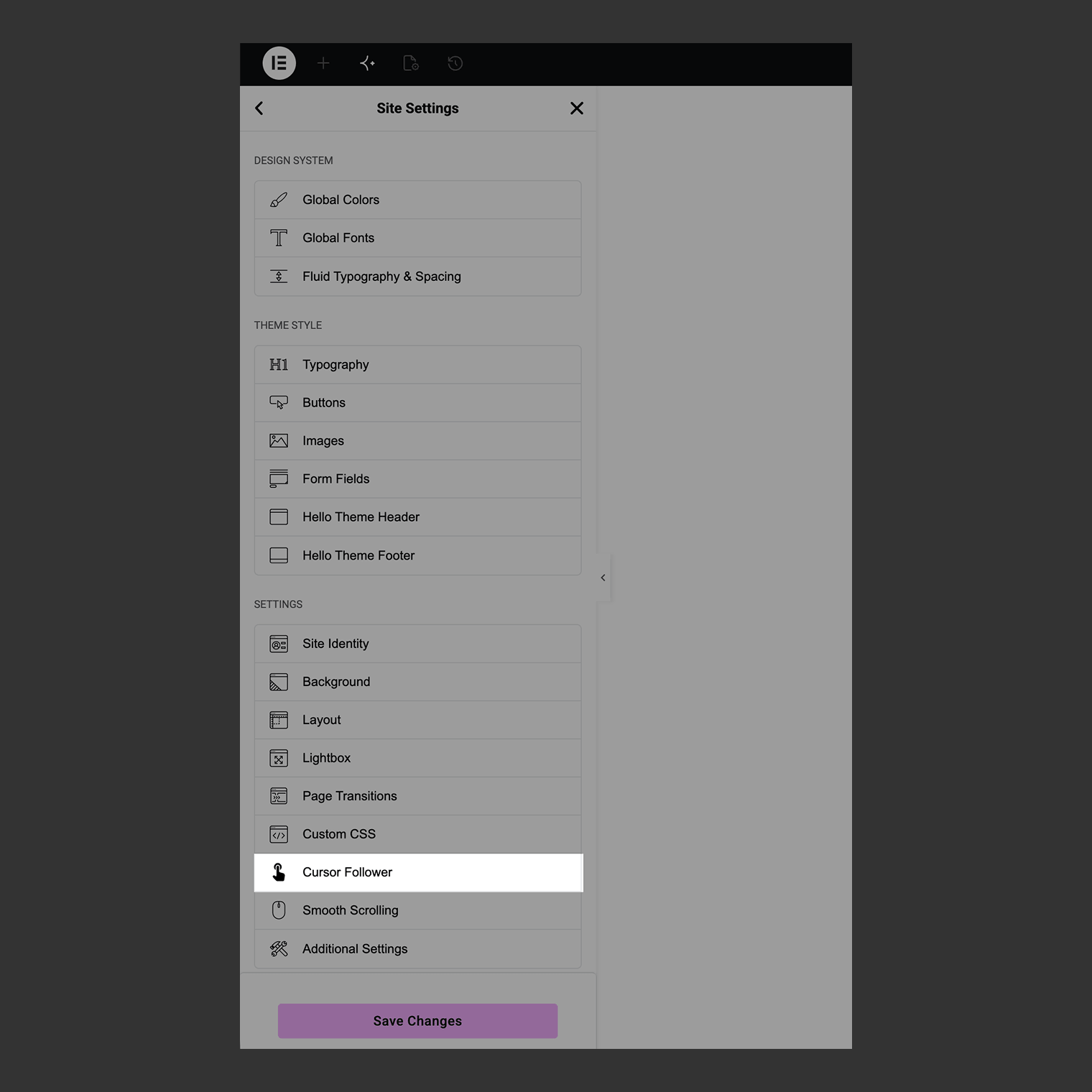 The Cursor Follower tab sits with Elementor's own Site Settings, next to Lightbox and Custom CSS.