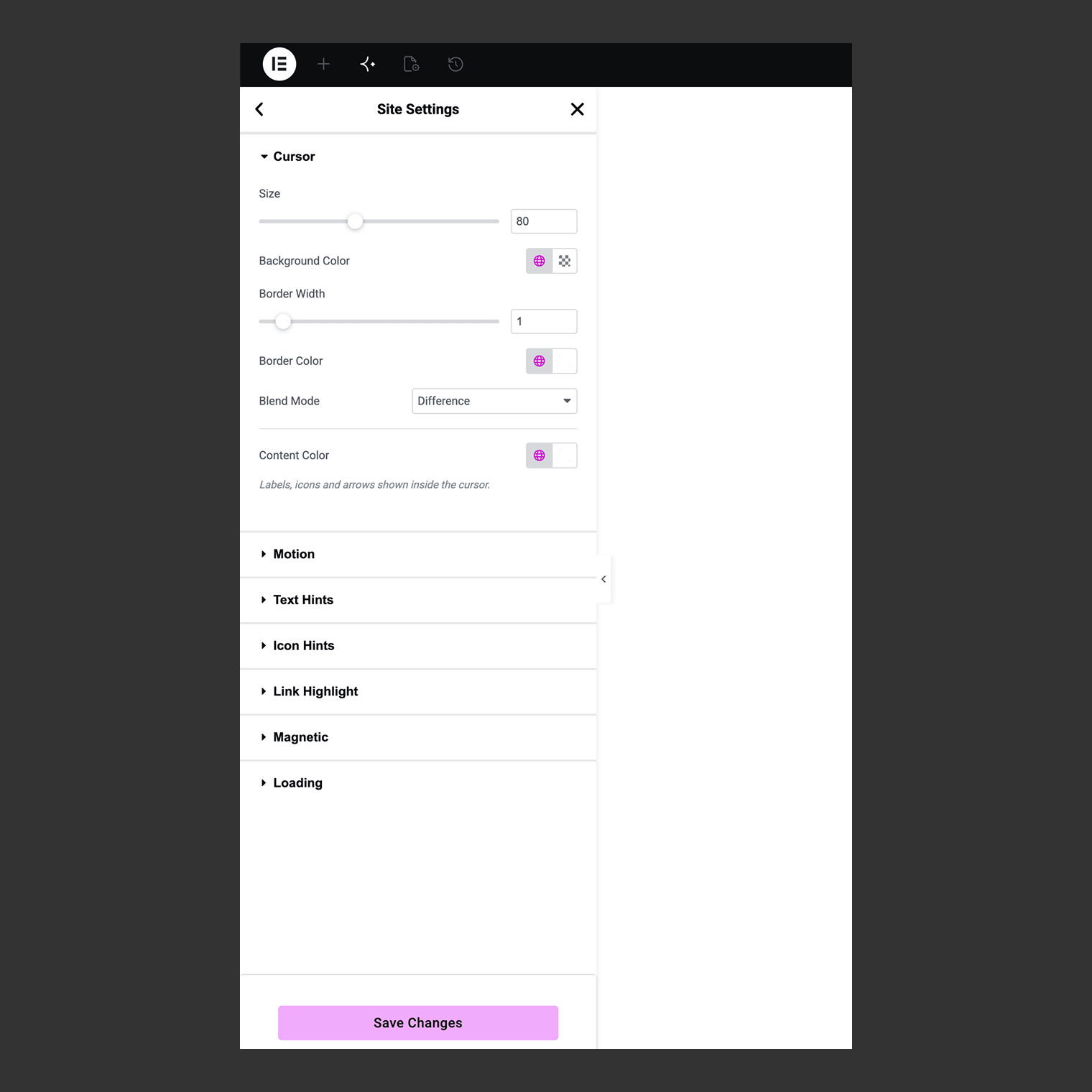 Site Settings: cursor size, background and border colors, border width and blend mode, with a section per visual state below.