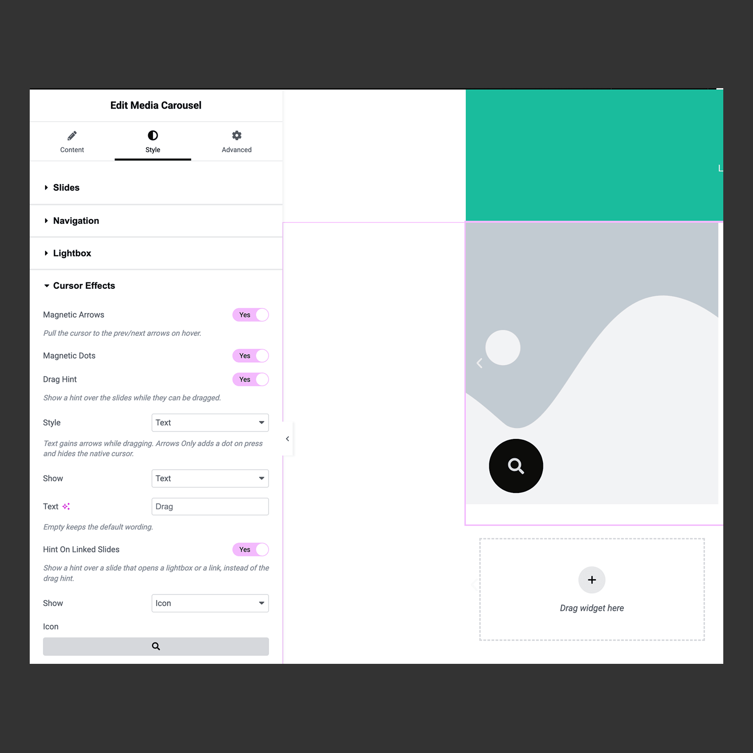 Media Carousel: a "Drag" text hint for the gesture, plus a separate icon hint for slides that open a lightbox or a link.