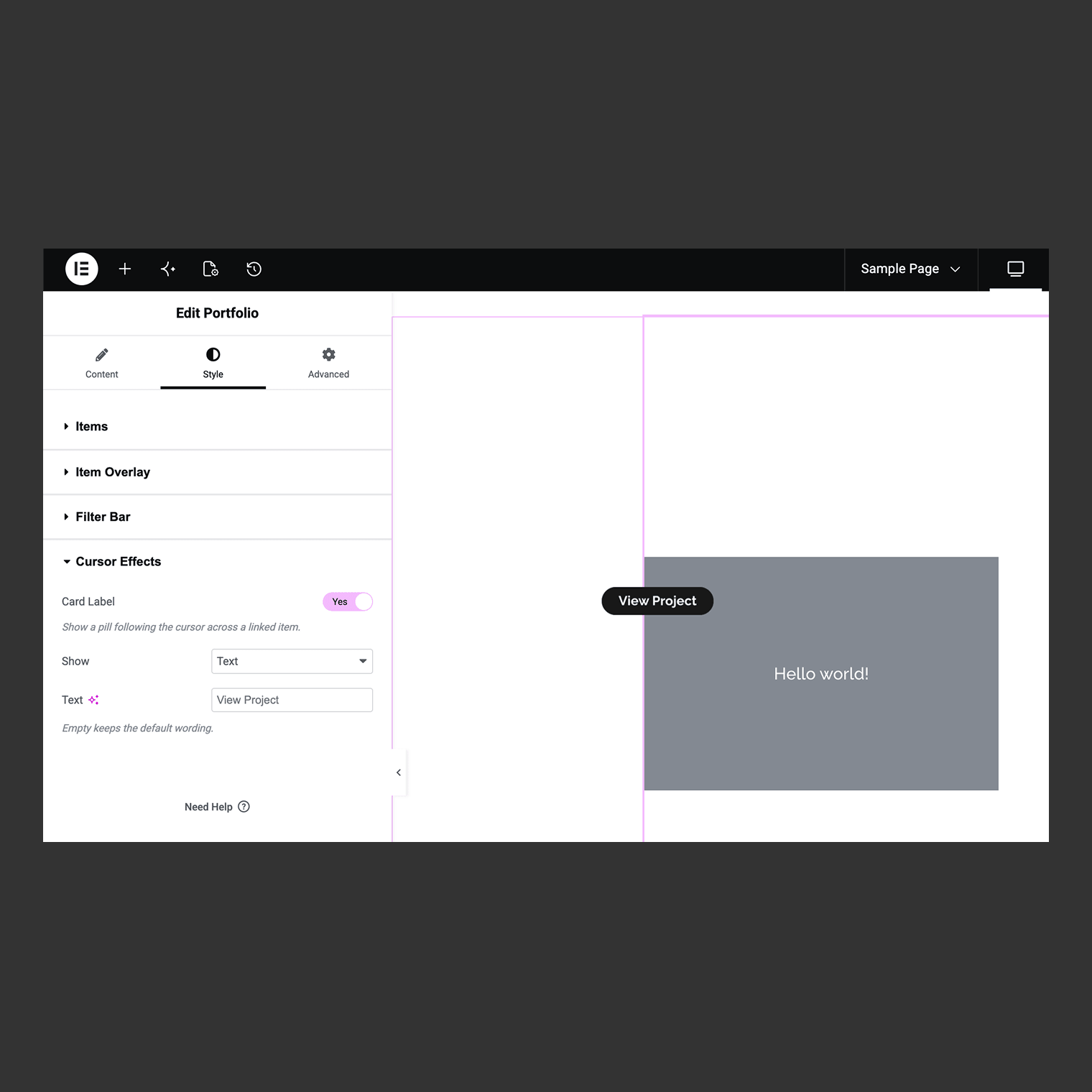 Portfolio: a "View Project" pill following the cursor across a card, live in the editor preview.