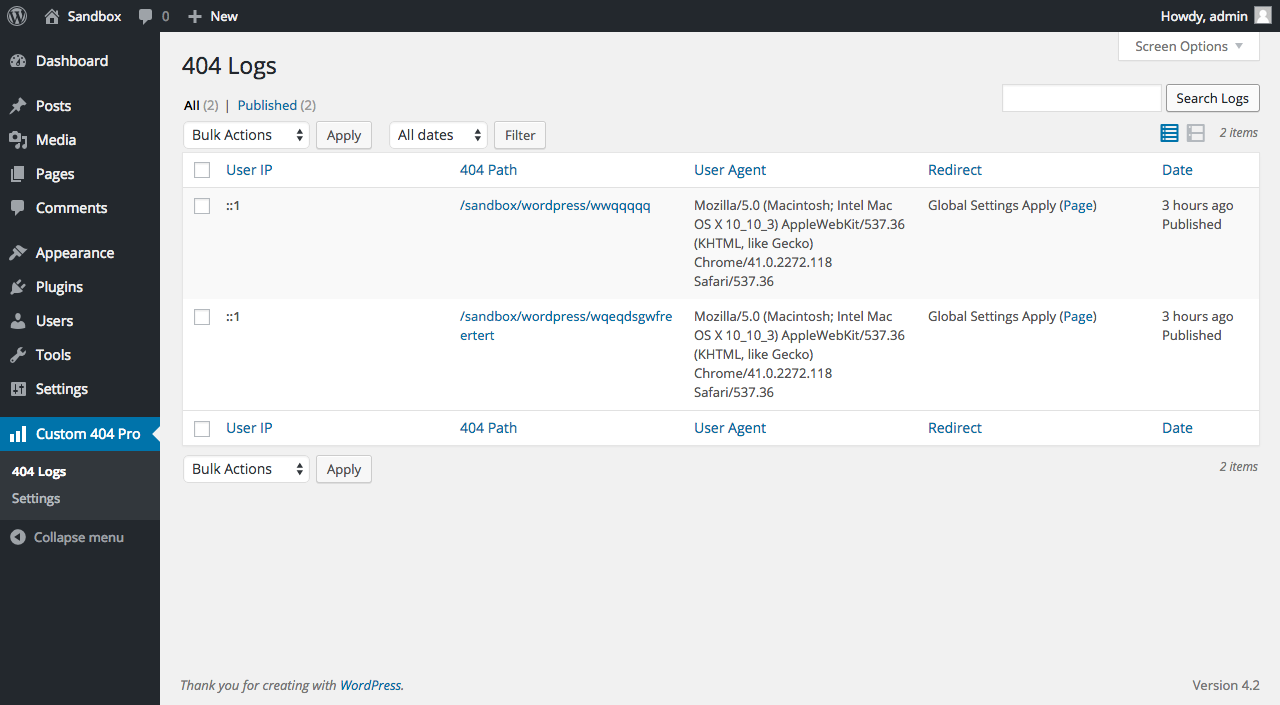 Global Redirect settings — choose a WordPress page or a custom URL