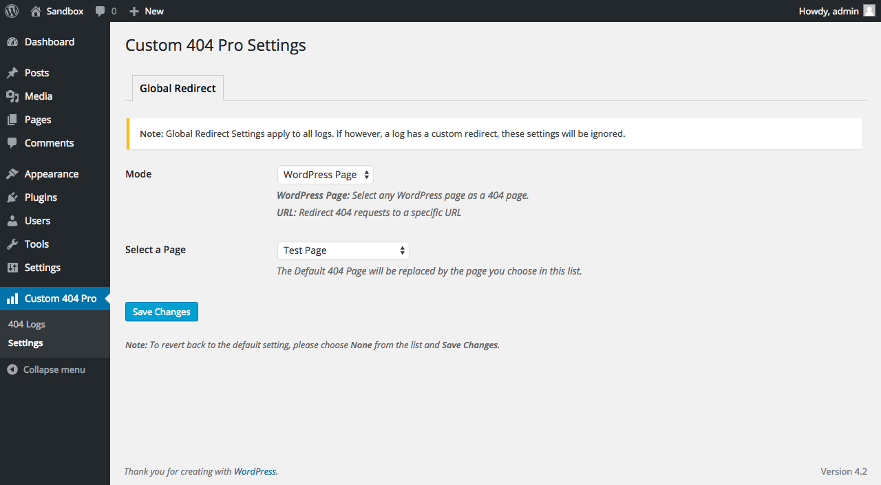 General settings — logging, email notifications, IP recording, and redirect status code