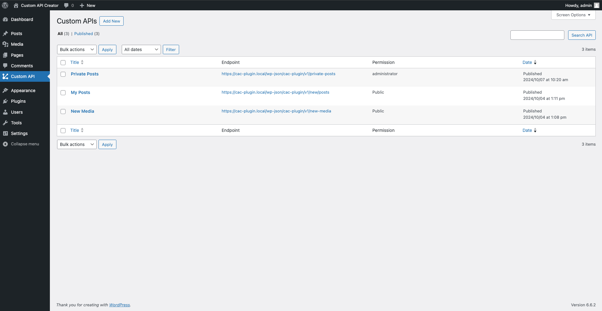 Custom Api Plugin Page