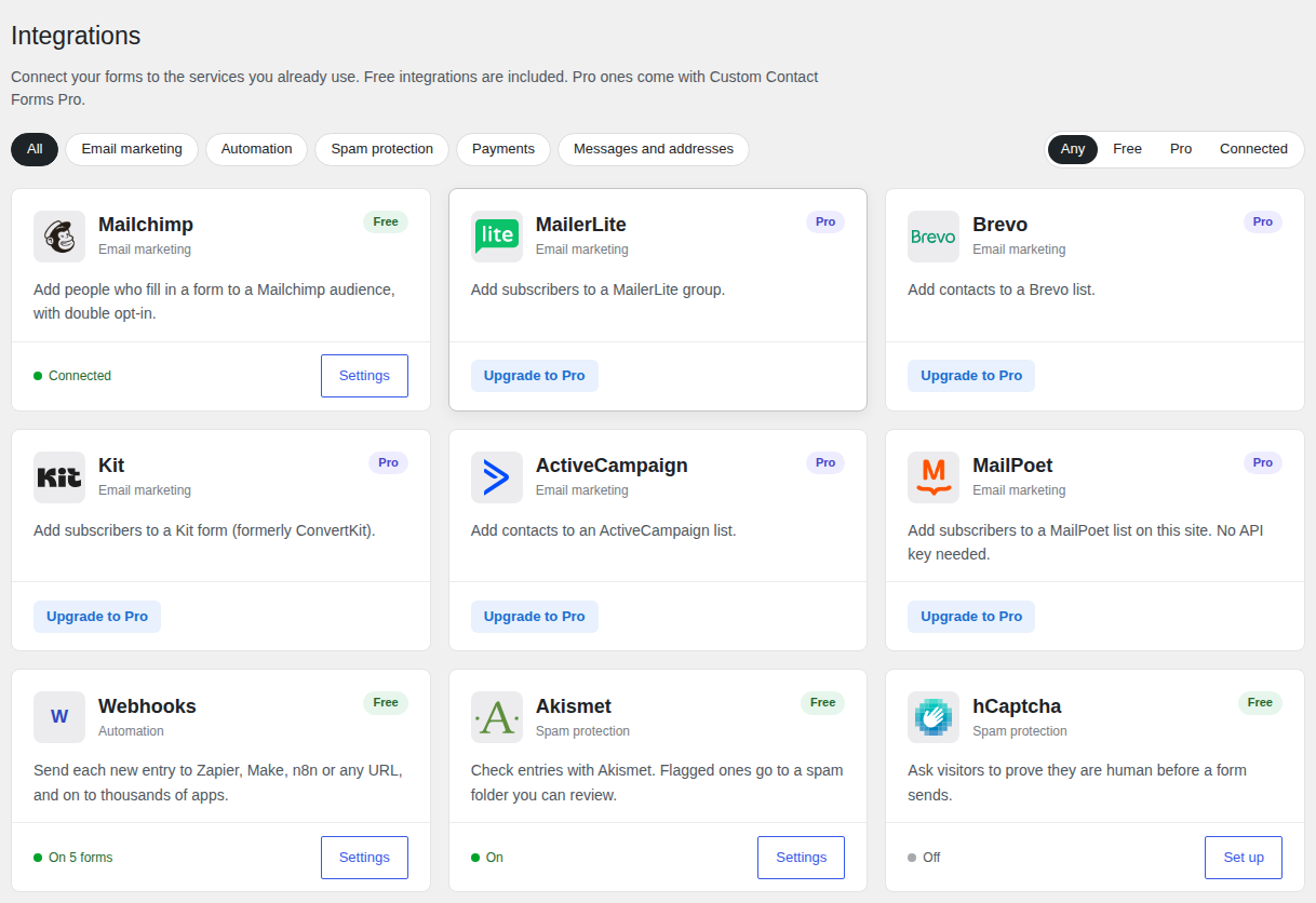 Integrations page: every integration on one screen, showing what is free, what needs Pro, and what is connected