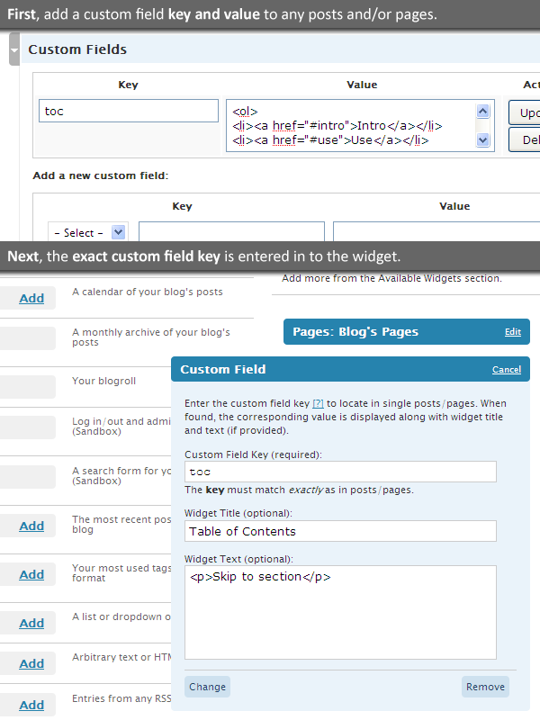 Custom Field Widget is a multiple-instance widget that shows custom field values matching specified keys in your sidebar.