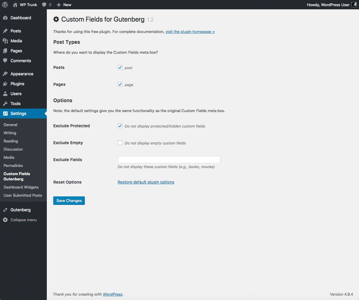 Plugin Settings Screen (showing default options)