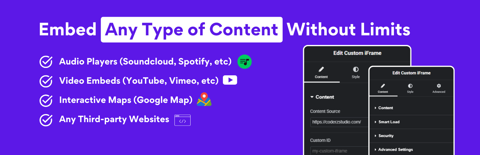 WordPress 外掛 Custom iFrame for Elementor – Embed Pdf, Maps, Videos, & Websites Easily 的封面圖片。