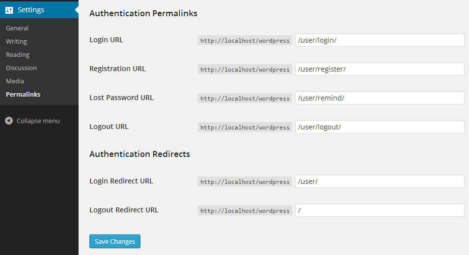 Custom URLs configuration page in wp-admin / Settings / Permalinks panel.