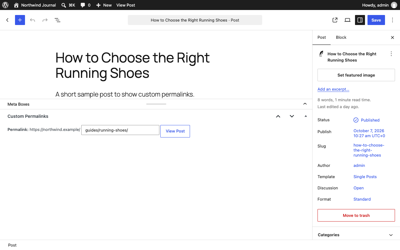 Set a custom permalink for any post or page from the Custom Permalinks box in the editor.