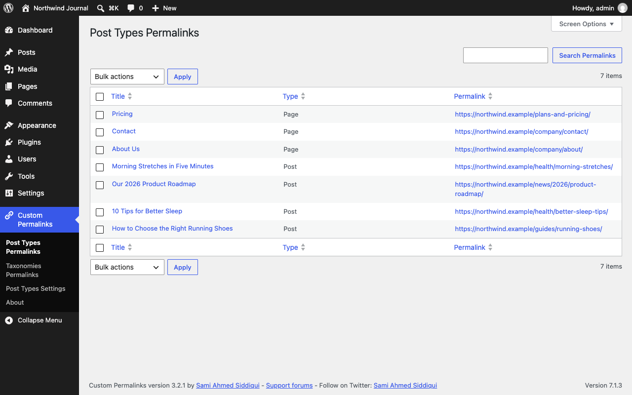Post Types Permalinks lists every post, page, and custom post type with a custom permalink, with search and bulk delete.