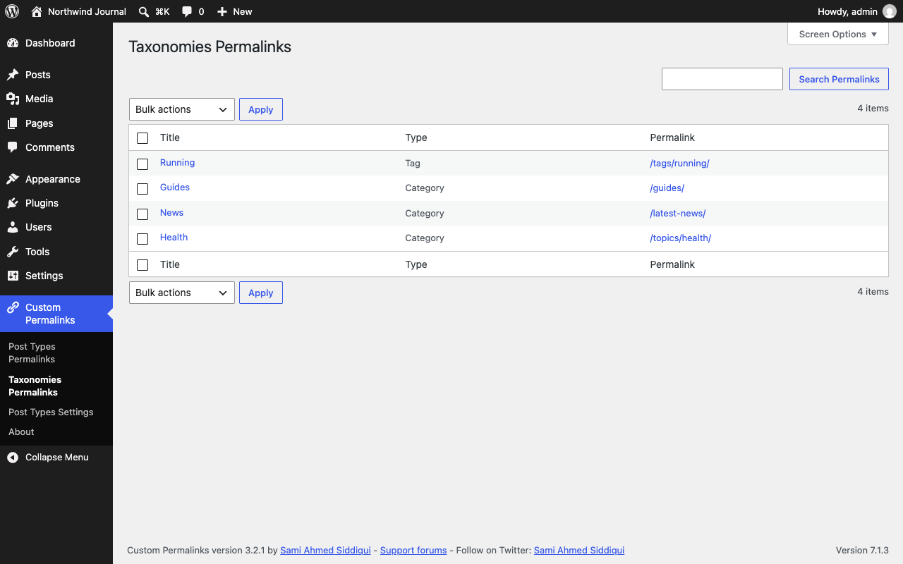 Taxonomies Permalinks lists every category, tag, and custom taxonomy term with a custom permalink.