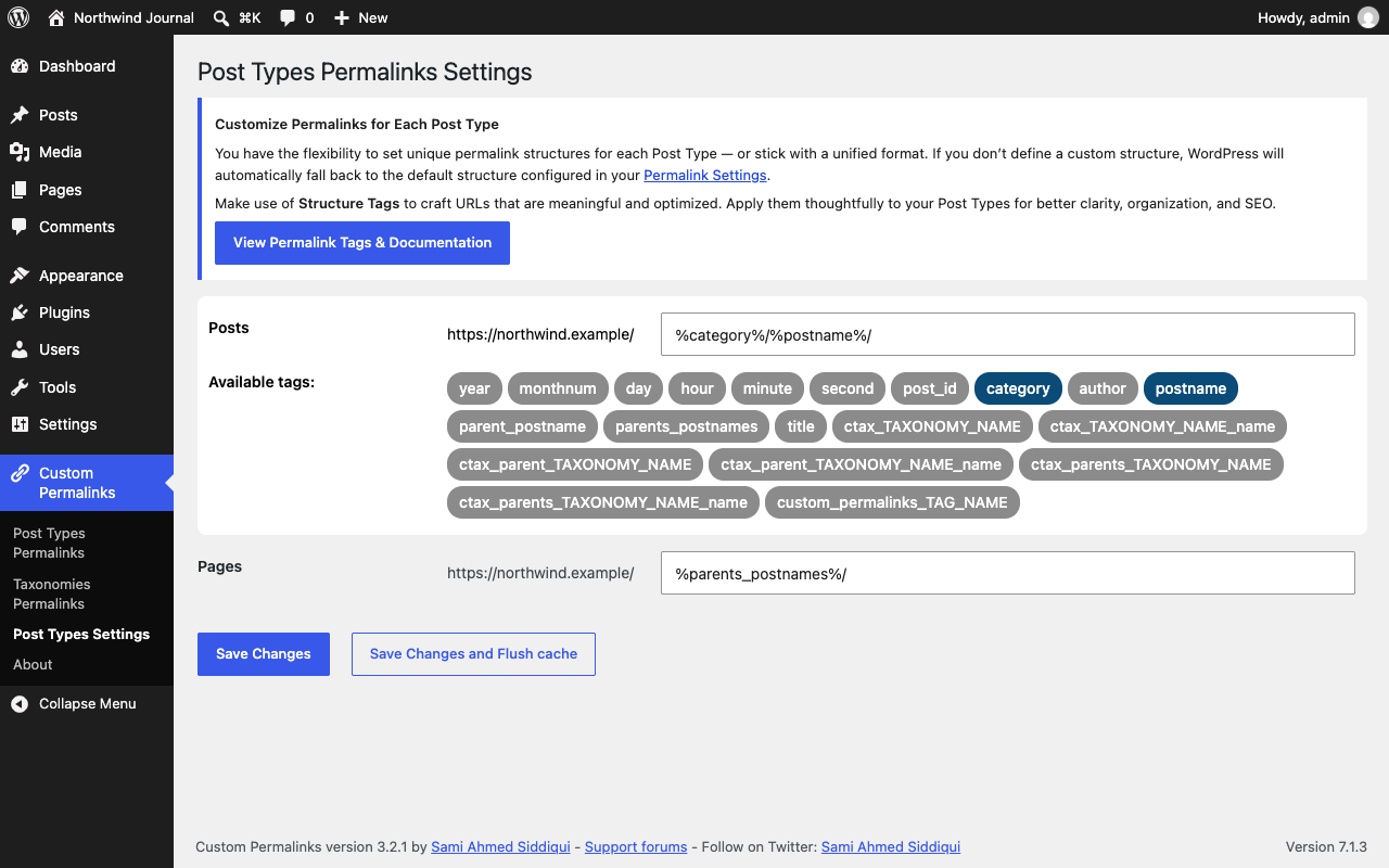 Post Types Settings: build a permalink structure for each post type from the available tags.