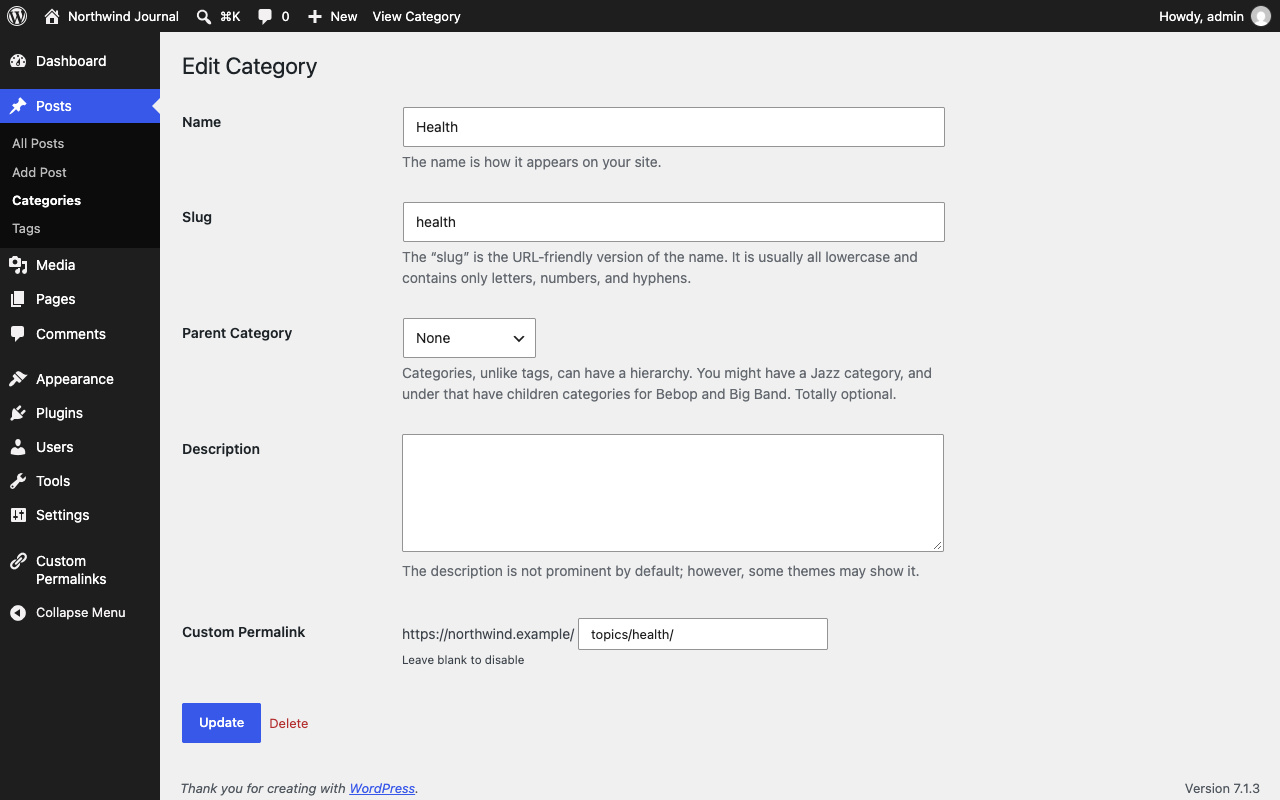 Set a custom permalink for a category, tag, or custom taxonomy term on its edit screen.