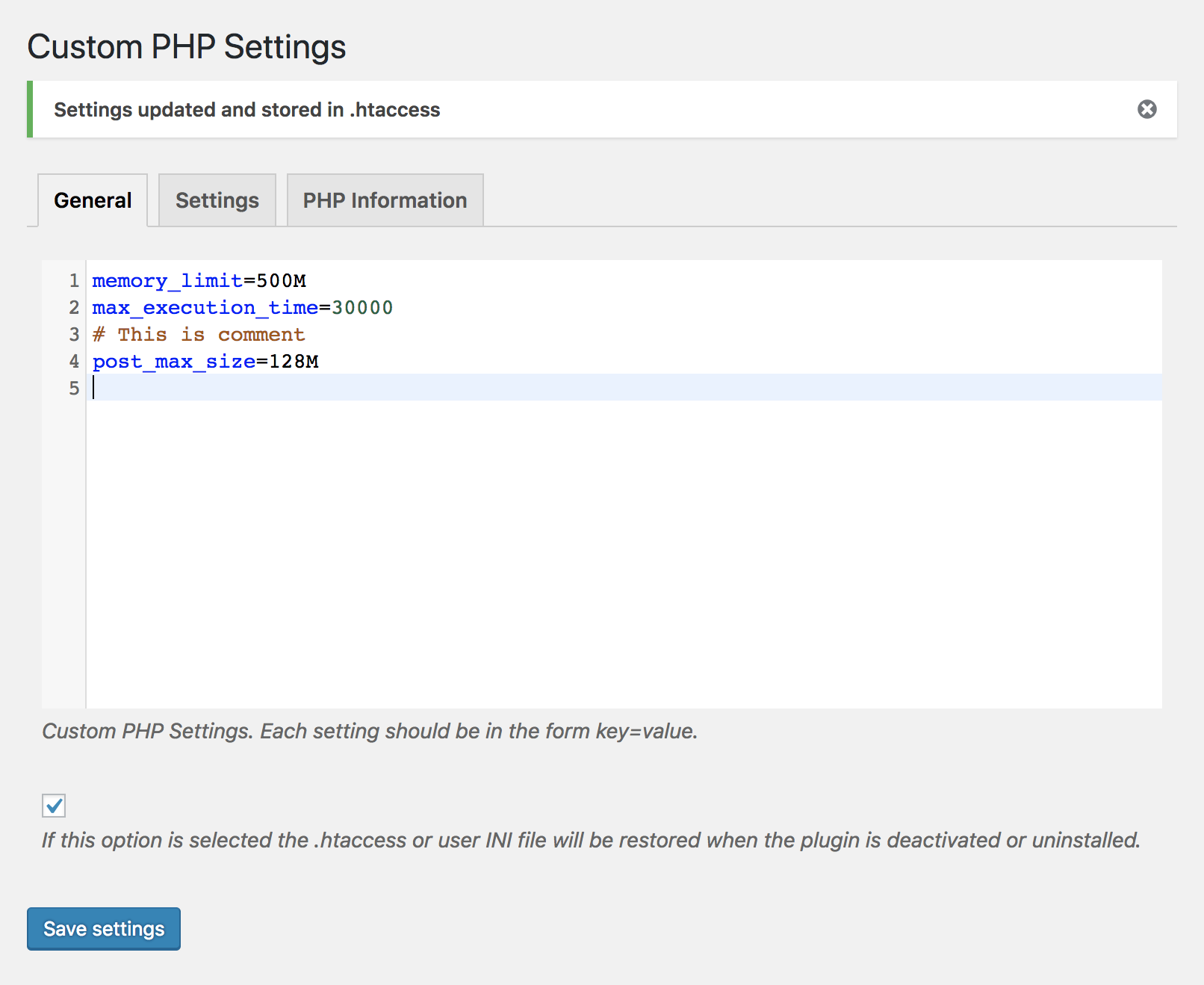 Customize PHP settings from within wordpress administration.