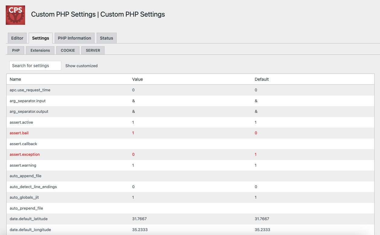 A table with all php settings that can be customized.