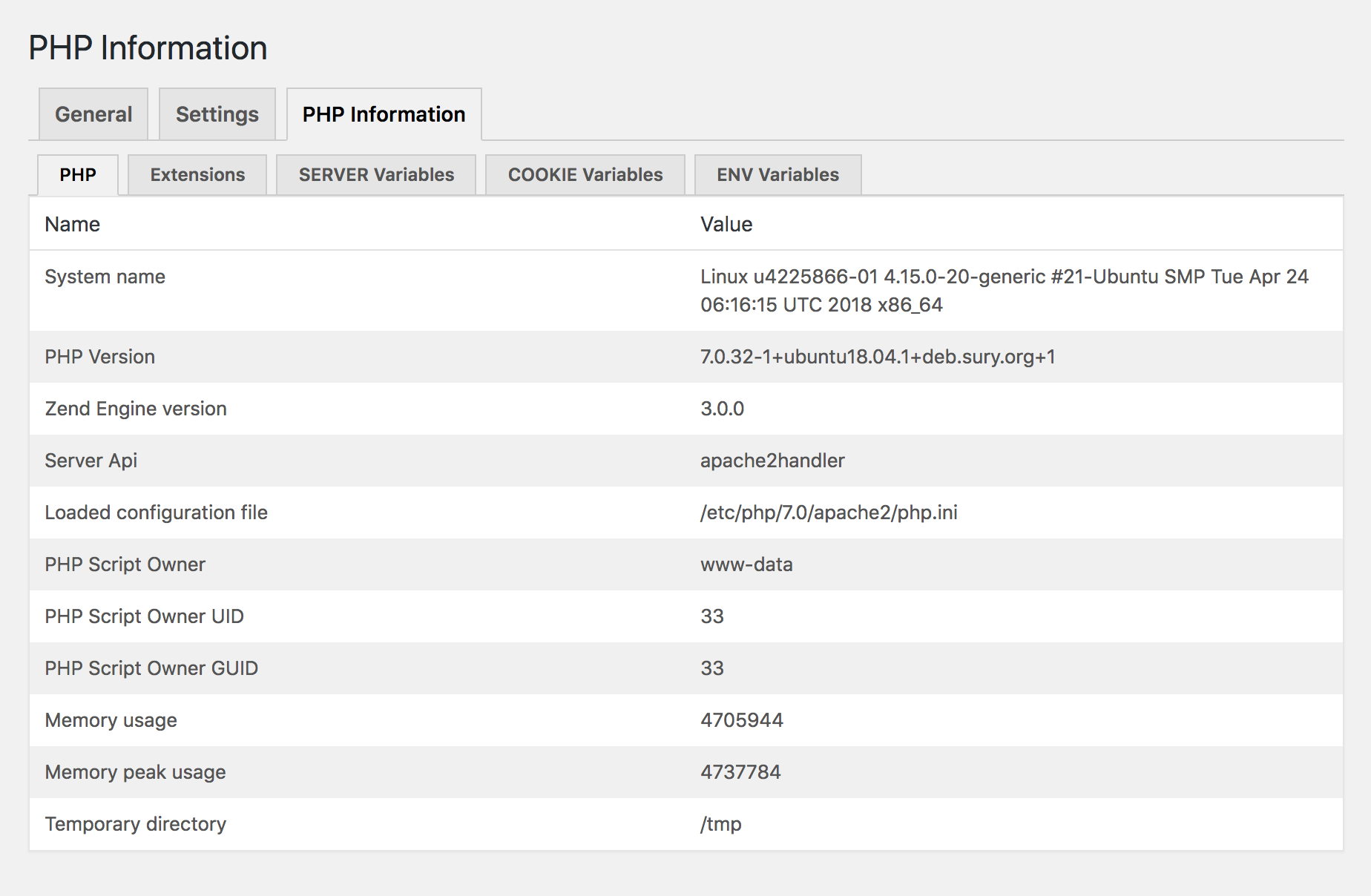 Table displaying information about the current php environment.