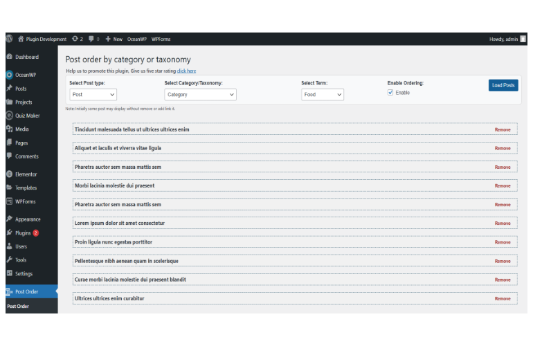 Drag and drop interface for reordering posts.