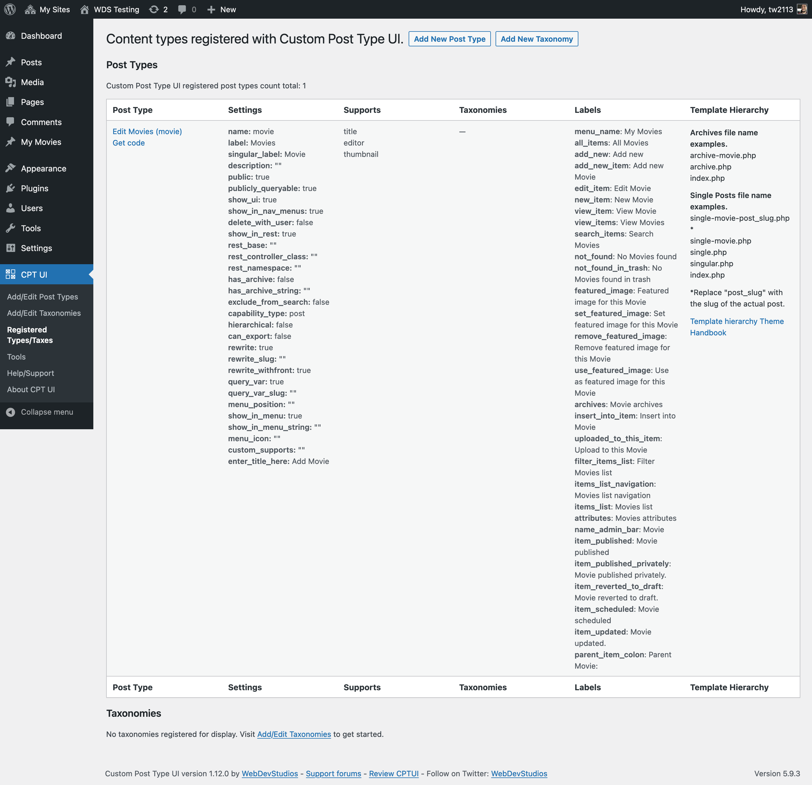 Tipos de post e taxonomias registradas no CPTUI