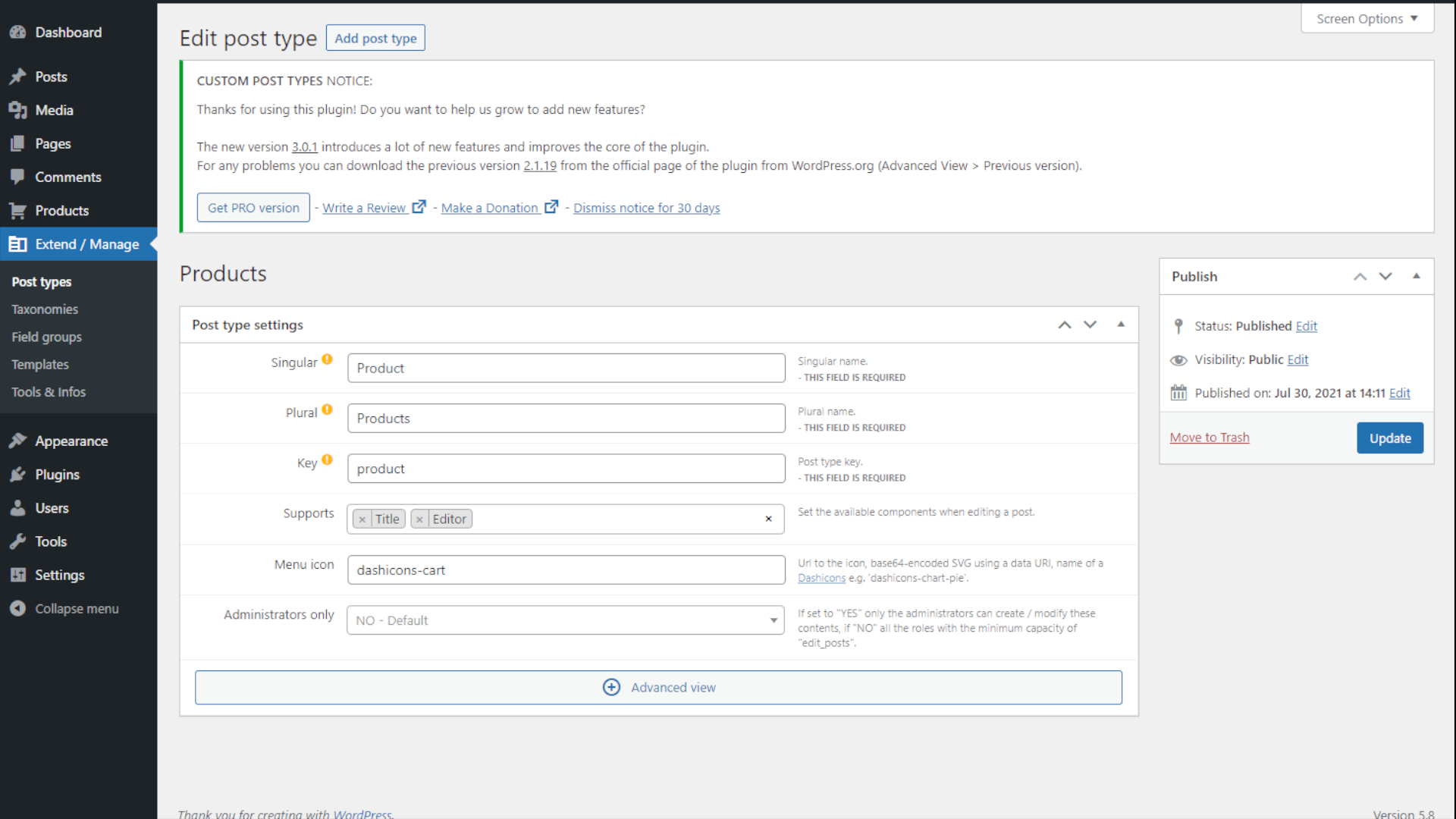 Creating/Editing Custom Post Type.