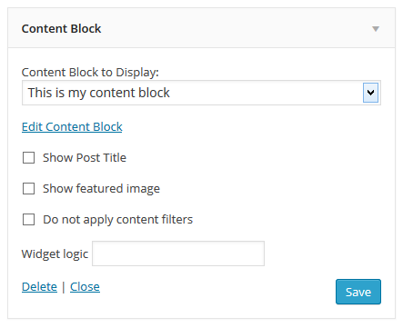 The widget has a select box to choose the content block. Click on the 'Edit Content Block' link to edit the selected Content Block custom post.