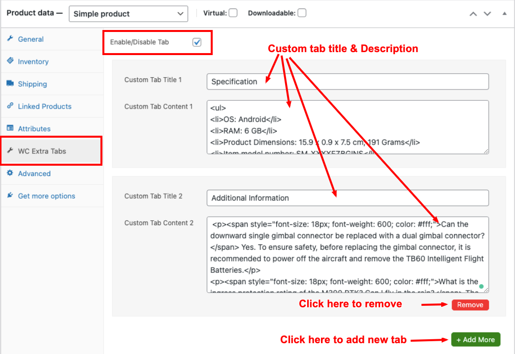 WC Extra Tabs Manager screenshot on "Edit Product" page