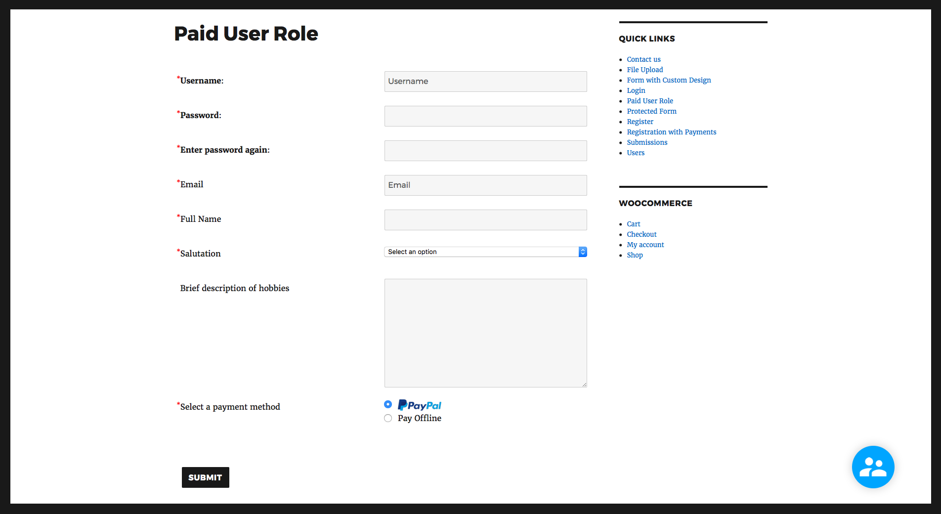 A simple user registration form with payment option.