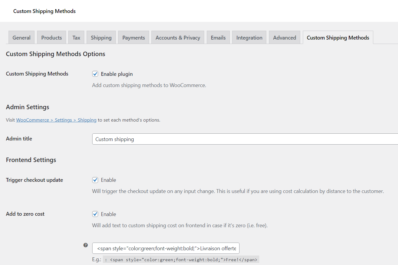 Custom Shipping Global Settings.