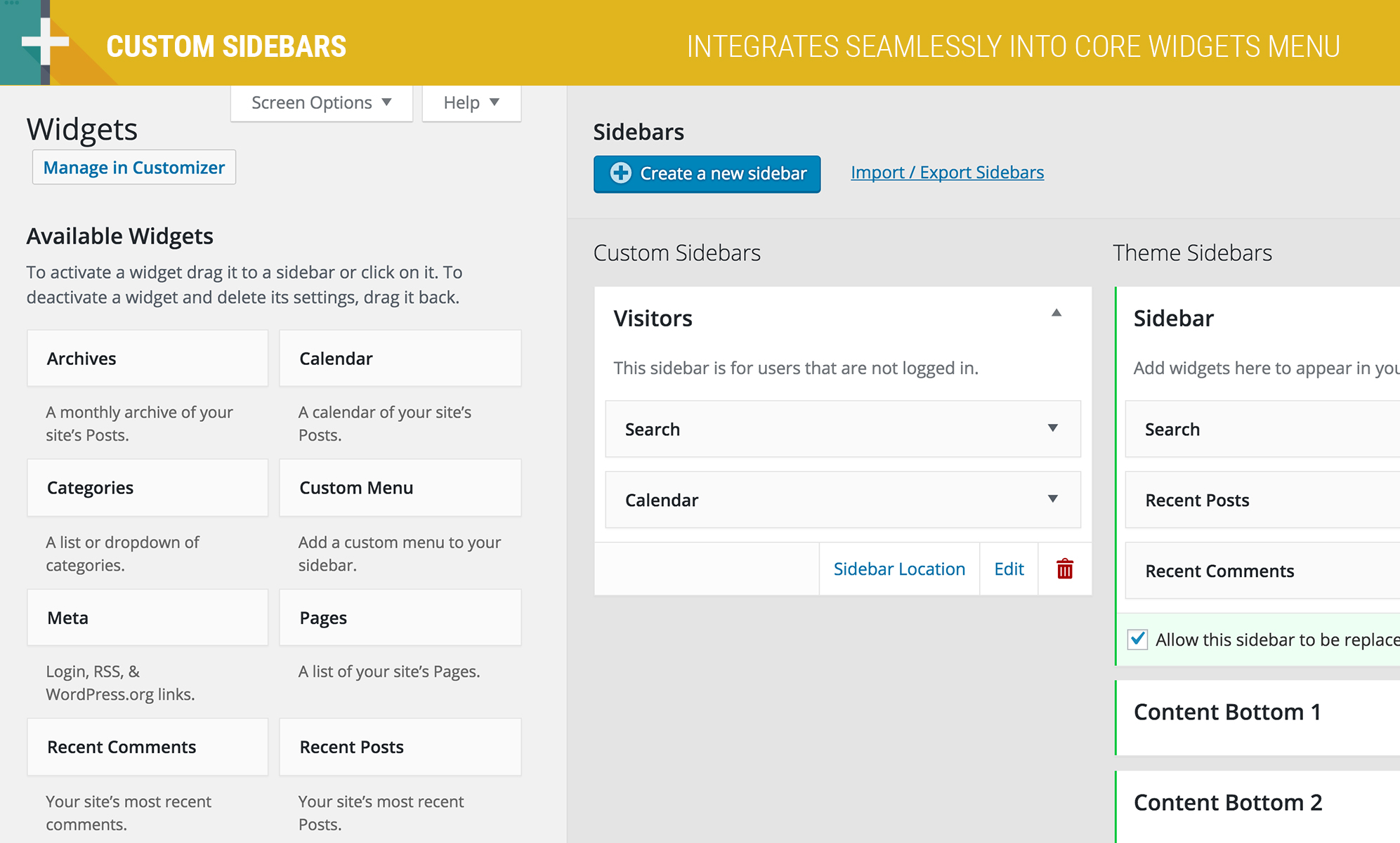 Set custom sidebars for individual posts and pages or by category, post-type, or archive.