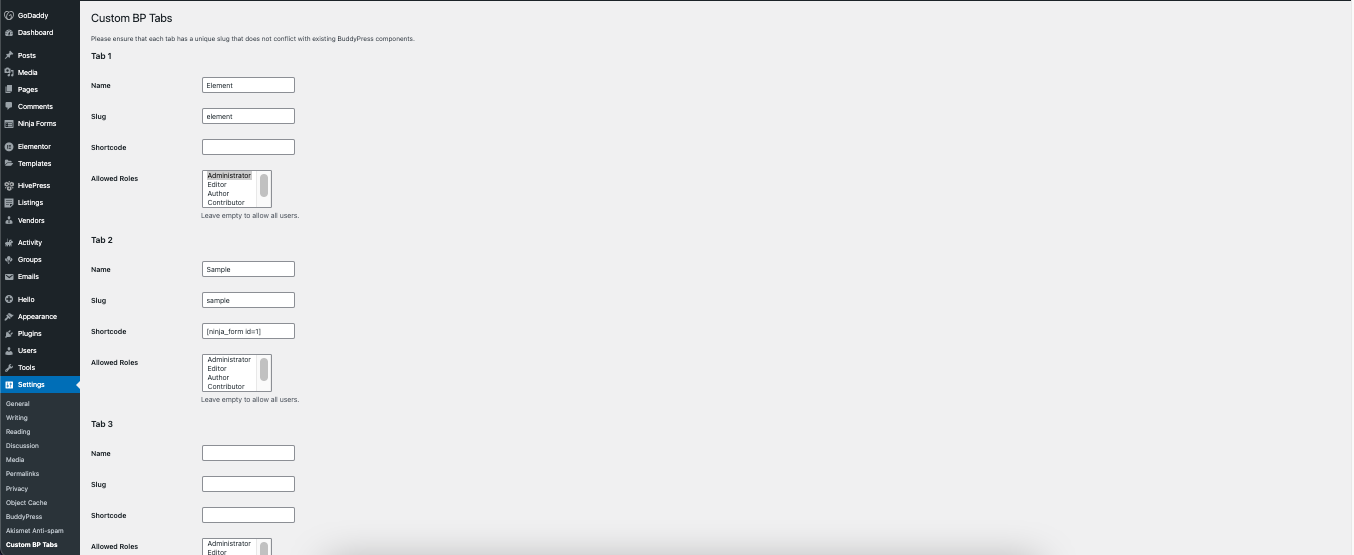 Admin settings page for configuring custom tabs.