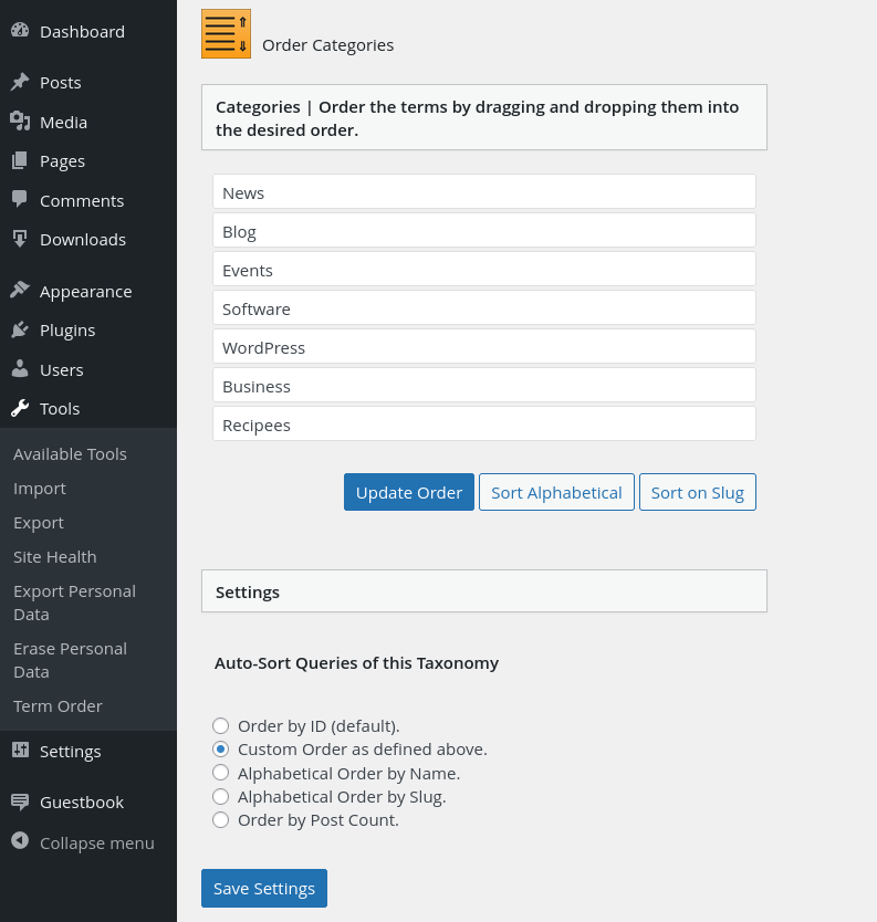 Screenshot of the menu page for Custom Taxonomy Order.
The WordPress menu completely left lists the