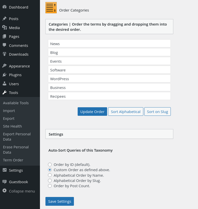 Screenshot of the menu page for Custom Taxonomy Order.
The WordPress menu completely left lists the 