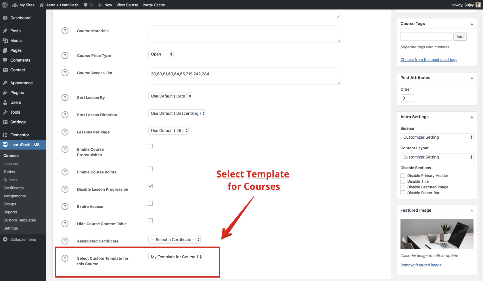 Select the Template for courses.