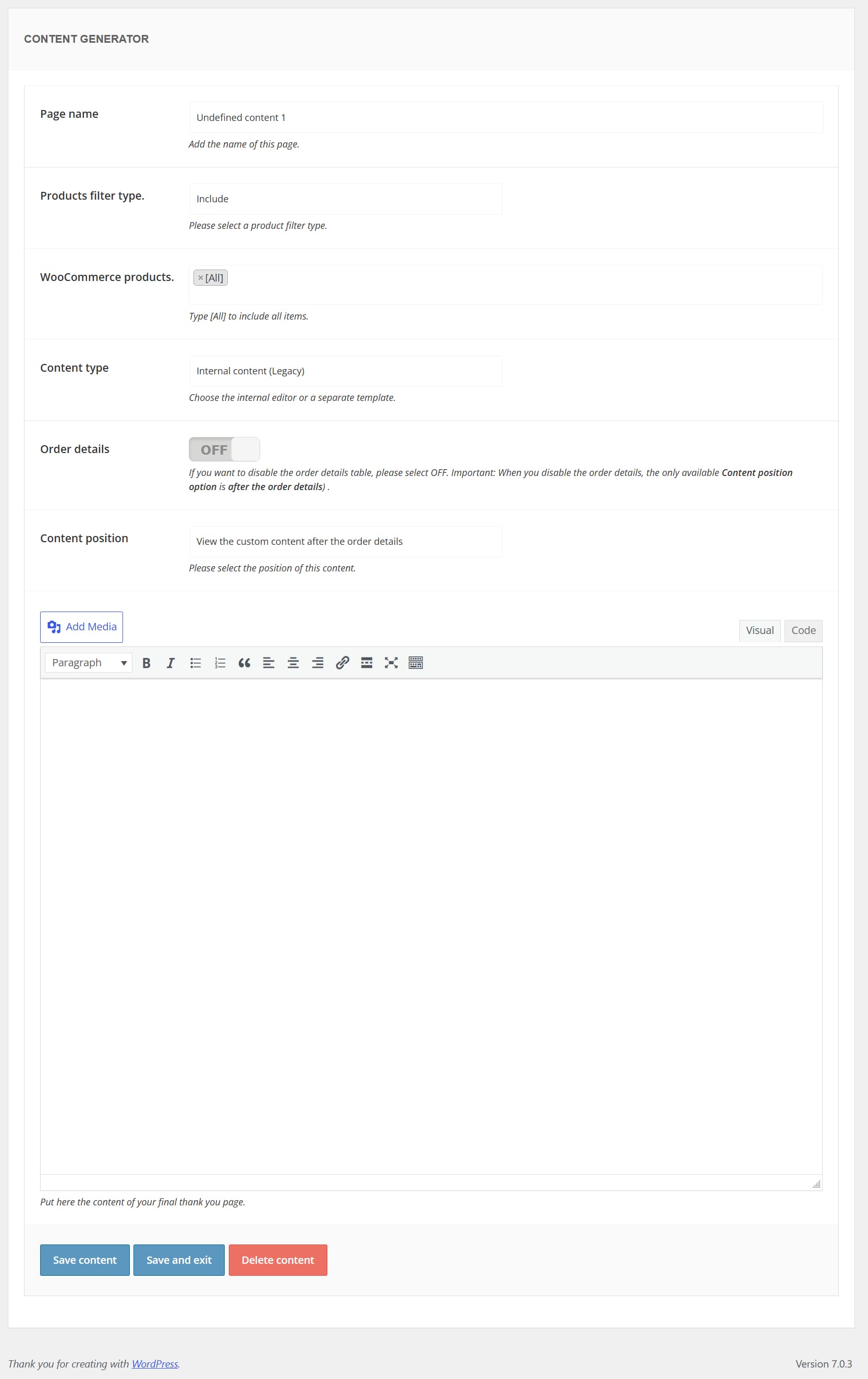 Create a thank-you page using custom content.