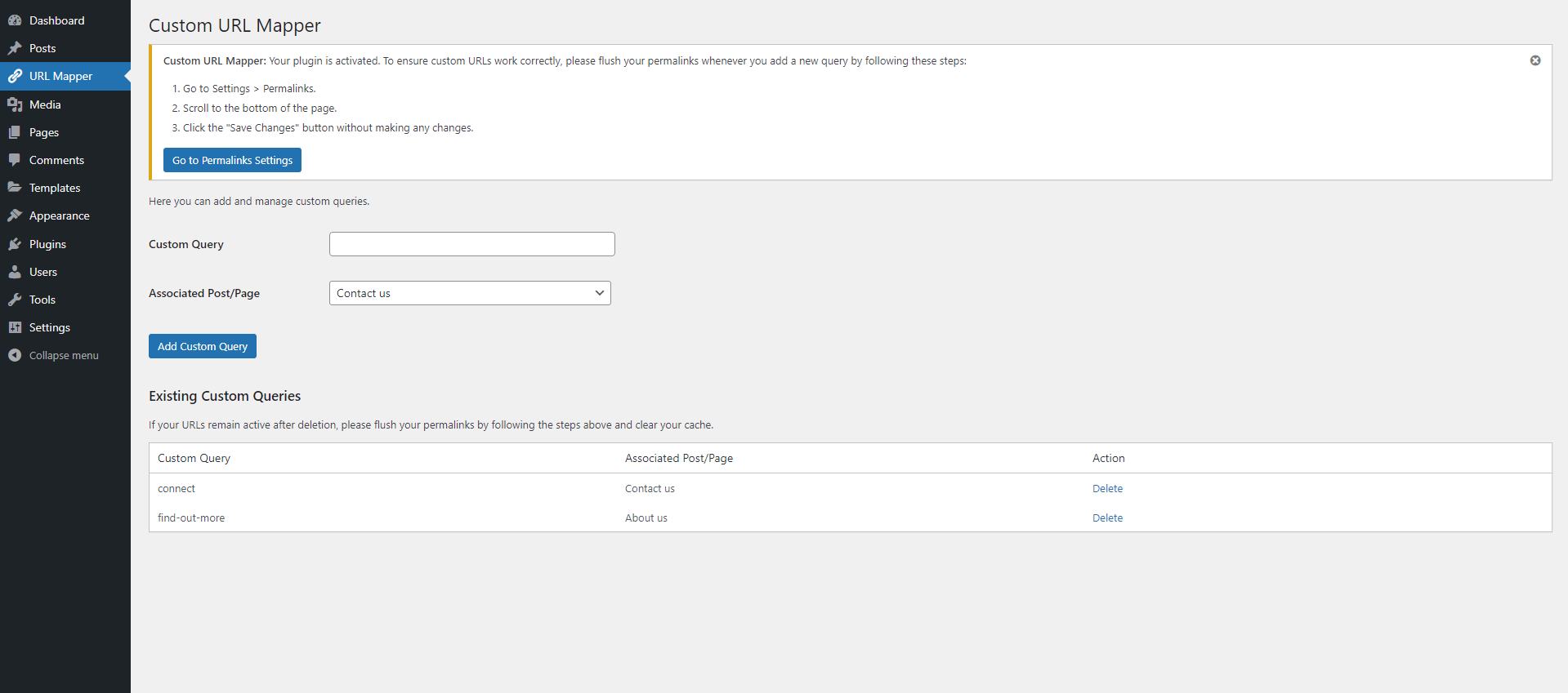Admin panel where you add custom URL mappings.