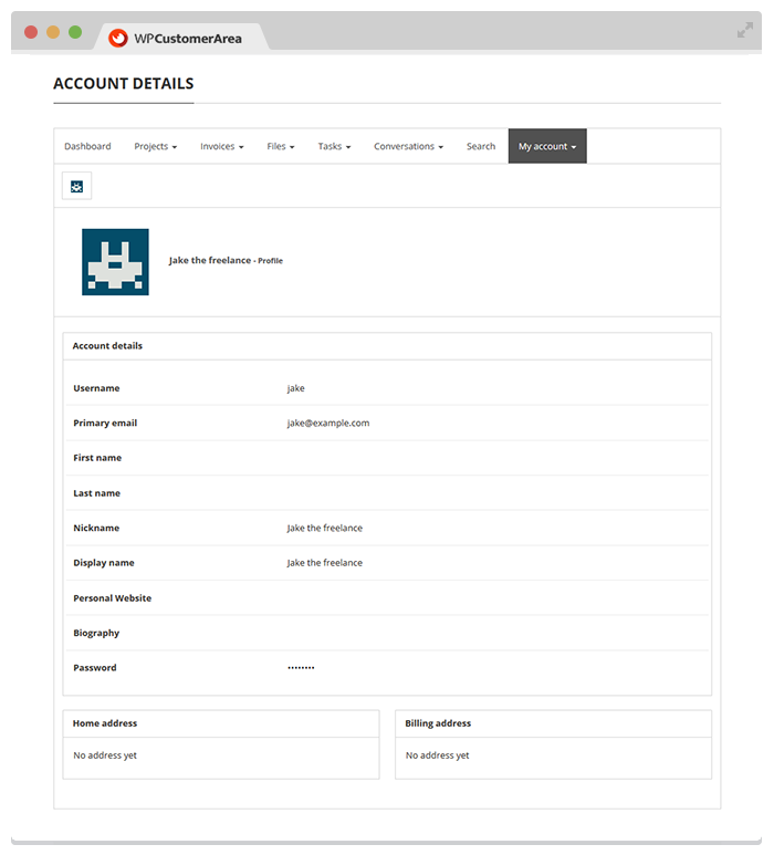 User account page (a form to edit that information is also provided)