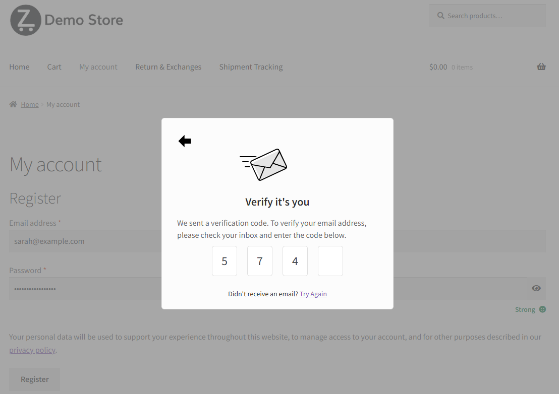 The OTP verification popup your customer sees — it appears inline on the registration form with no page reload, and the account is only created once the correct code is entered.
