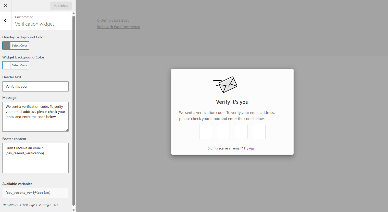 Customize the verification popup to match your store — colours, header text, message and footer, with a live preview as you edit and no code required.