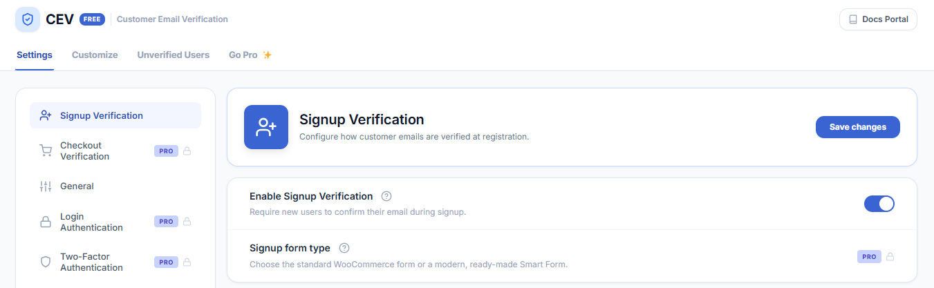 Signup verification settings — switch email verification on and configure it in a couple of minutes.