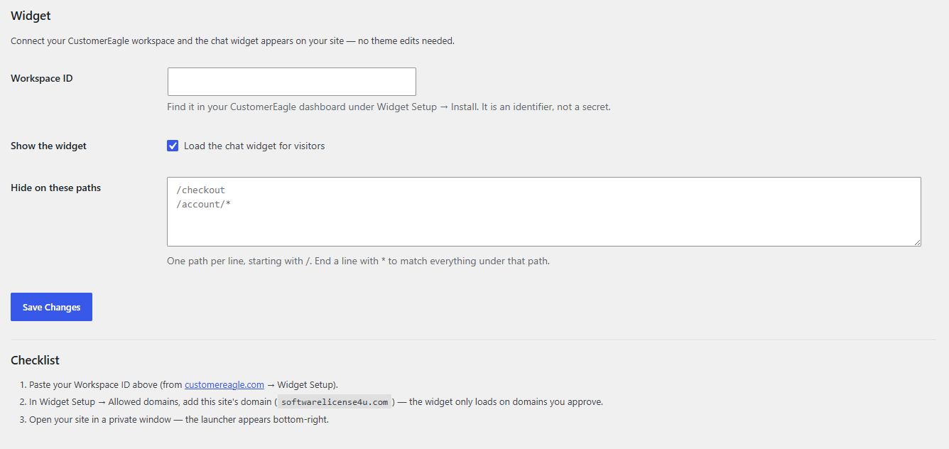 The settings page — paste your Workspace ID and choose where the widget appears.