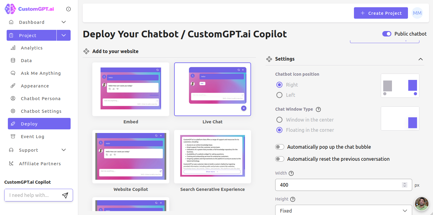 Chatbot setup inside CustomGPT.ai app.