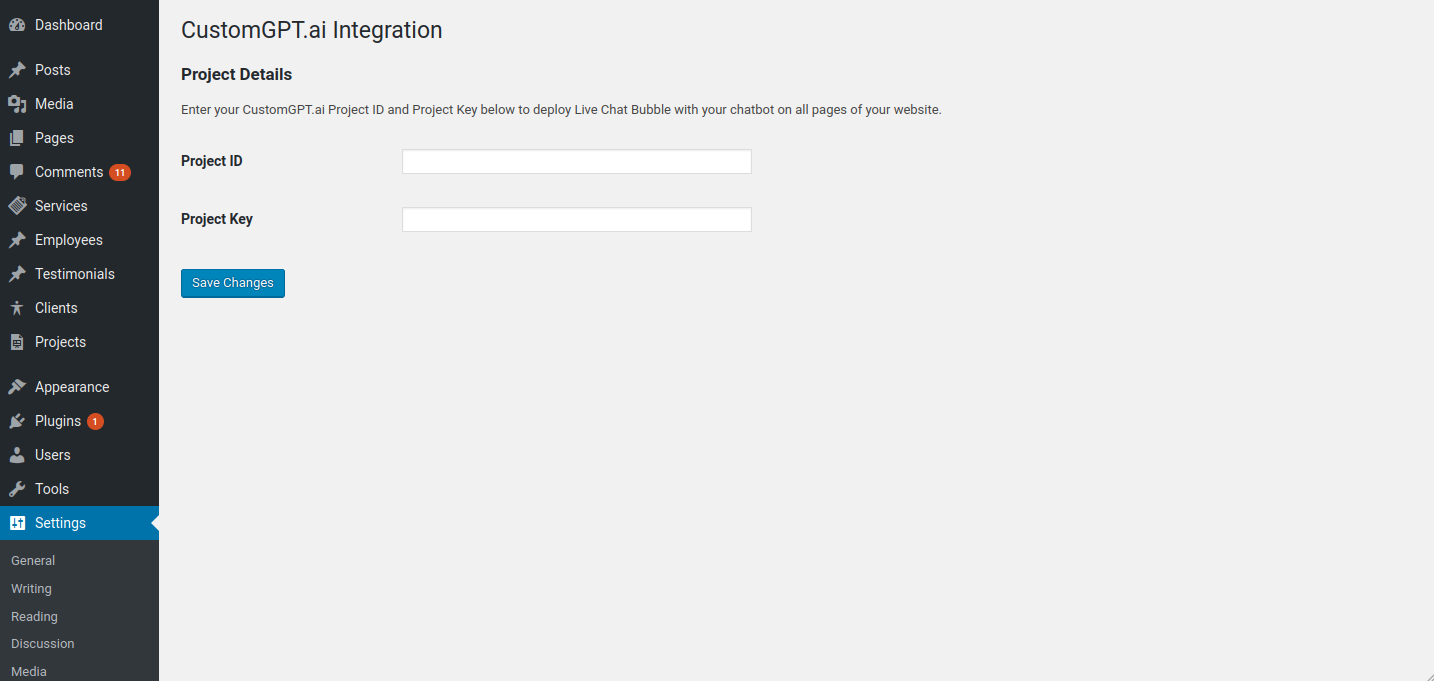 Chatbot setup inside CustomGPT.ai WordPress plugin.