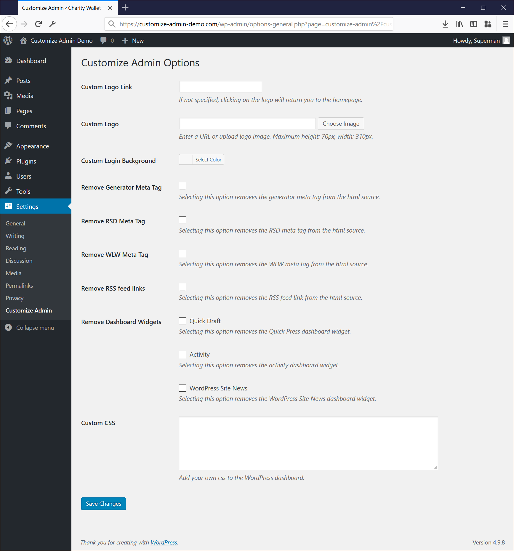 You can specify the logo image and clickthrough link on the options page. It is also possible to disable the generator meta tag and specified dashboard widgets.