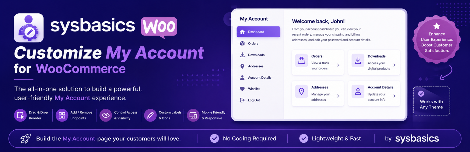 SysBasics Customize My Account for WooCommerce – Dashboard, Endpoints, Avatar & Menu Manager