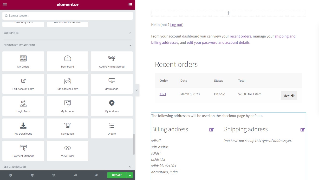 Customize My Account for WooCommerce Elementor