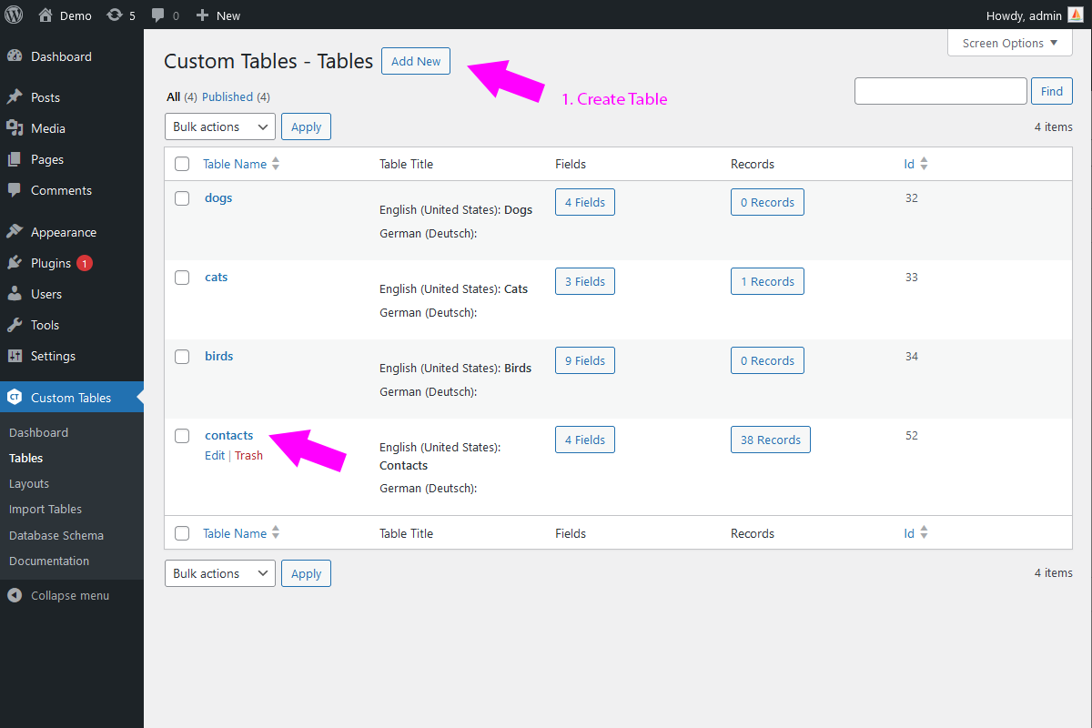 Custom Tables &#8211; Create, Read, Update and Delete