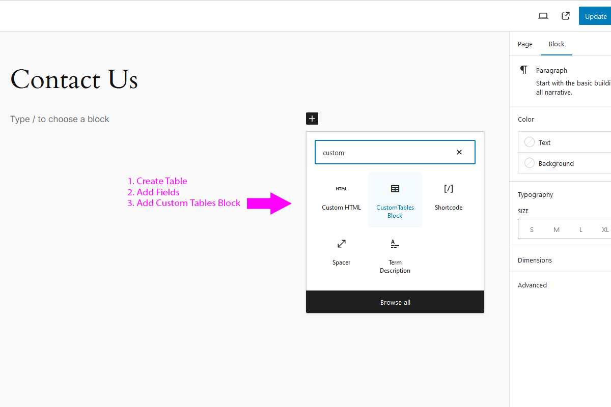 "Add Custom Tables Block" screen