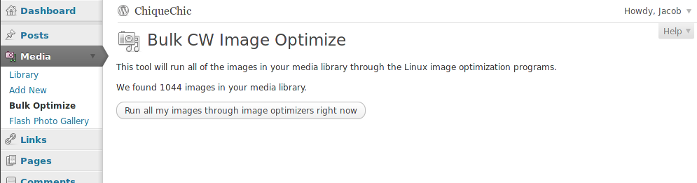 Bulk optimization page. You can optimize all your images at once. This is very useful for existing blogs that have lots of images.