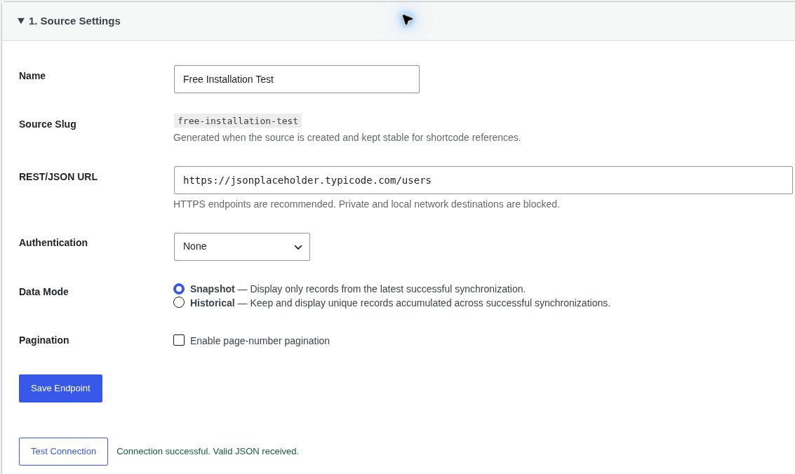 Free source setup with authentication and pagination controls.