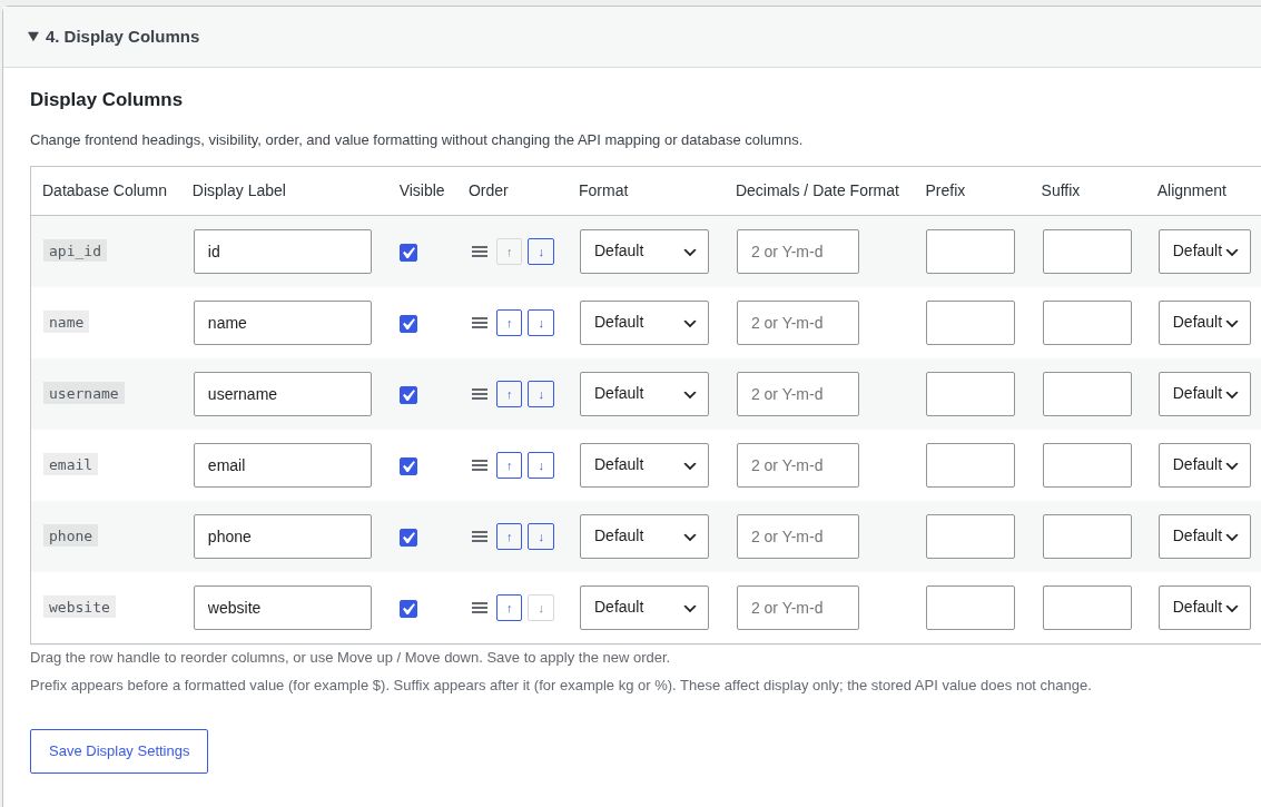 Free display columns with drag handles, keyboard ordering controls, formatting, and alignment.