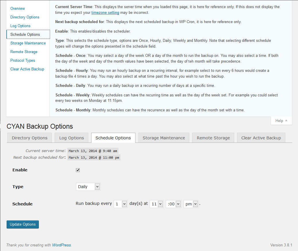 Schedule options page.